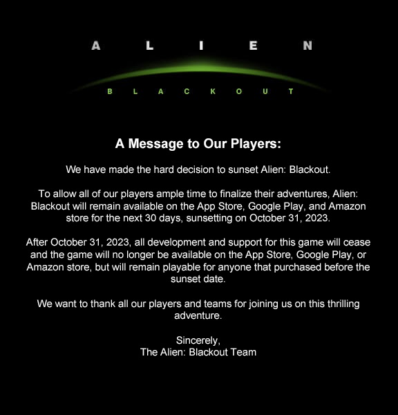 Gra mobilna Alien: Blackout zostanie usunięta z App Store, Google Play i Amazon Store 31 października.-2