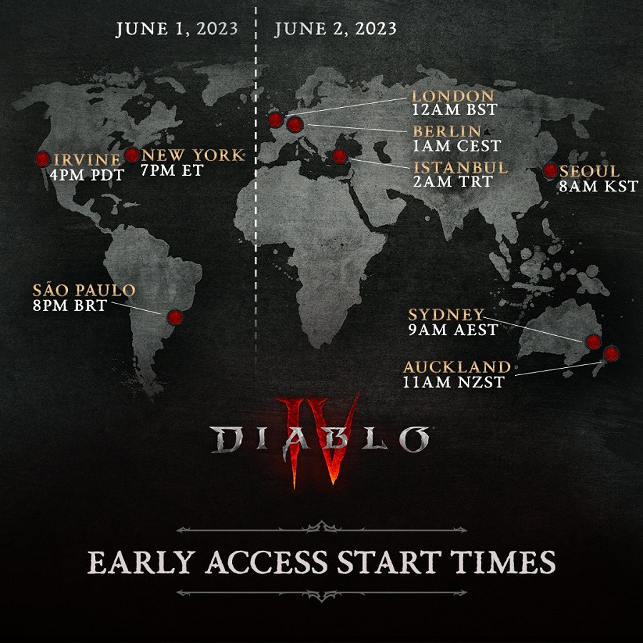 Blizzard opublikował mapy, które wyraźnie pokazują datę i godzinę premiery Diablo IV w różnych strefach czasowych-2