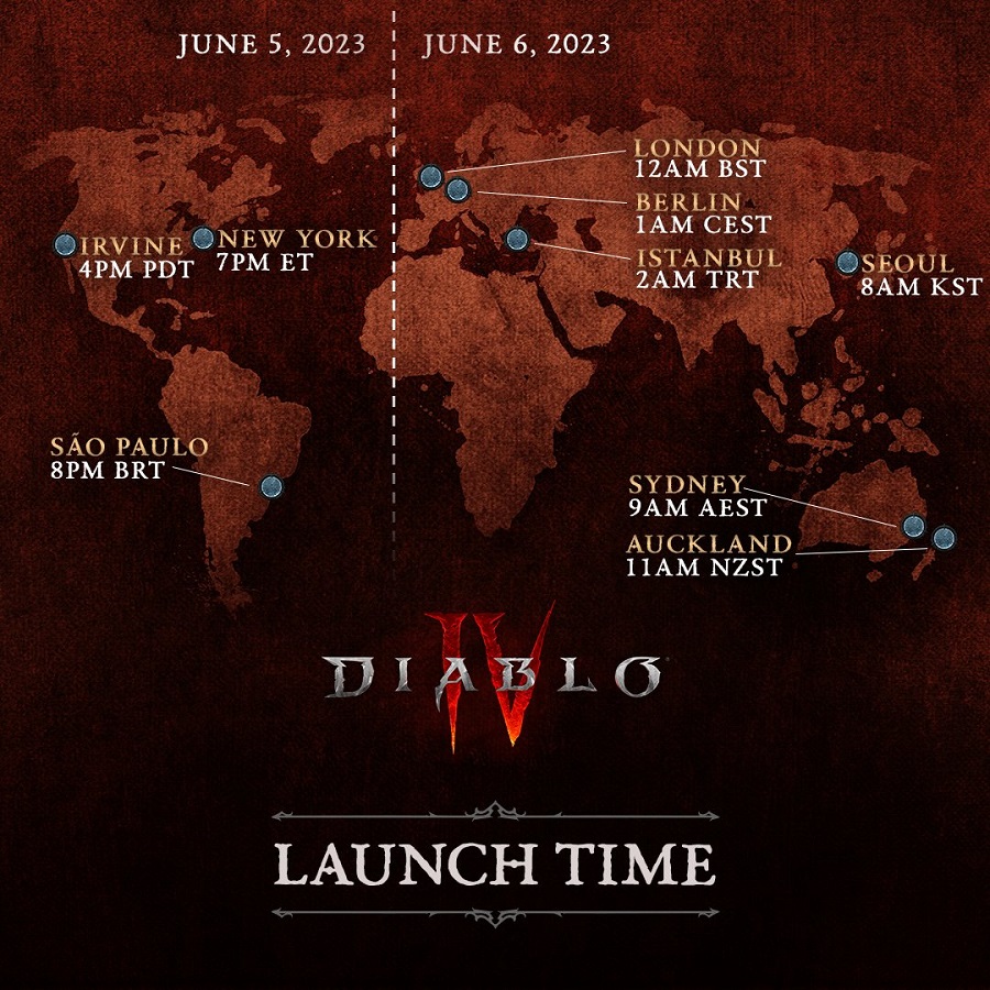 Blizzard opublikował mapy, które wyraźnie pokazują datę i godzinę premiery Diablo IV w różnych strefach czasowych-3