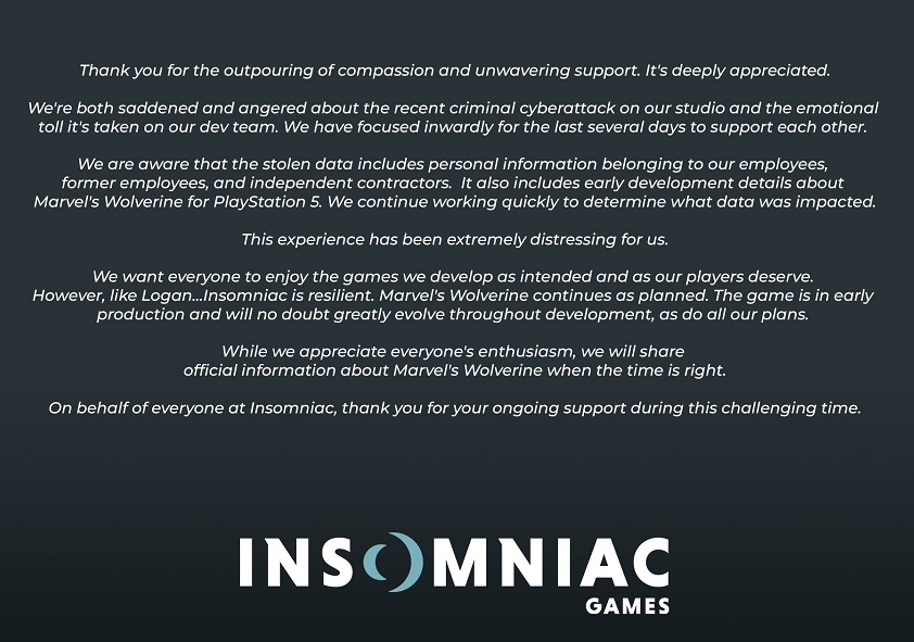 Przytłoczony, ale nie załamany: zespół Insomniac Games wydał oświadczenie w sprawie konsekwencji masowego wycieku ważnych informacji-2