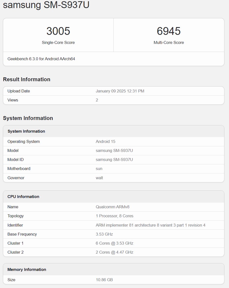 Wyniki testów Galaxy S25 Slim w Geekbench