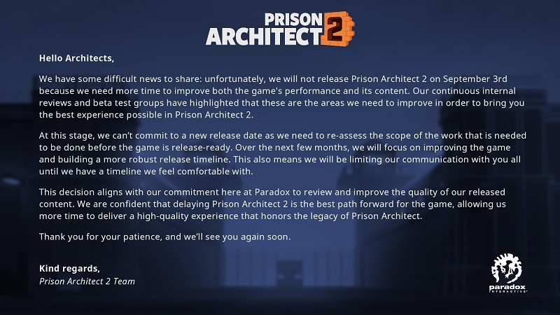 W więzieniu są duże kłopoty: Paradox Interactive ogłosił kolejne opóźnienie premiery Prison Architect 2-2