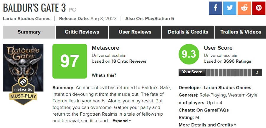Baldur's Gate 3, kolosalny sukces Larian Studios, stał się najwyżej ocenianą grą 2023 roku i jest jednym z najlepszych projektów w historii Metacritic-2