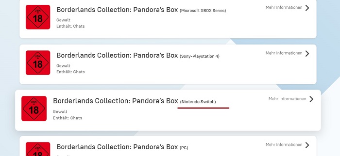 Borderlands Collection: Pandora's Box może ukazać się również na Nintendo Switch - na co wskazują informacje od niemieckiej agencji ratingowej-2