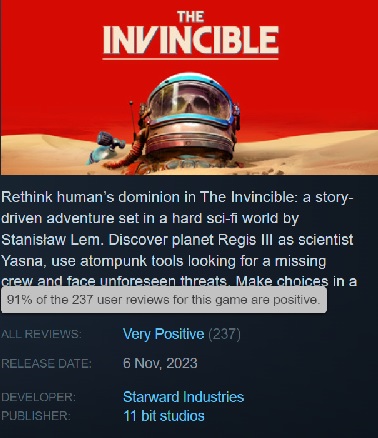 The Invincible nie wywołał poruszenia wśród graczy, ale ci, którzy go wypróbowali - byli zachwyceni! Gra ma ponad 90% pozytywnych recenzji na Steam-2