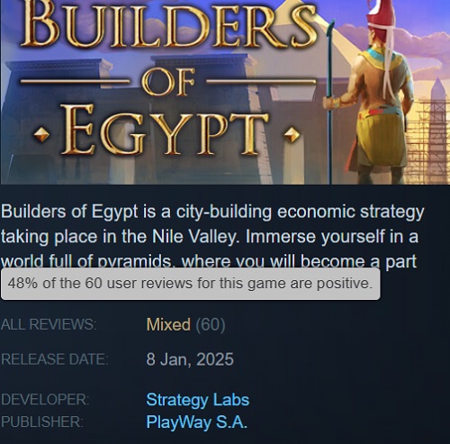 Recenzje Builders of Egypt. Źródło: Steam