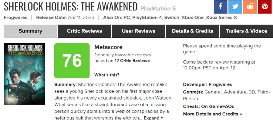 Monotonne i nudne: krytycy umiarkowanie ocenili remake Sherlock Holmes: The Awakened. Gra otrzymała średnią ocenę na agregatorach-2
