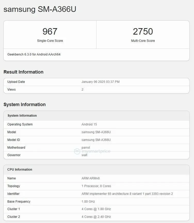 Wynik Geekbench dla Galaxy A36