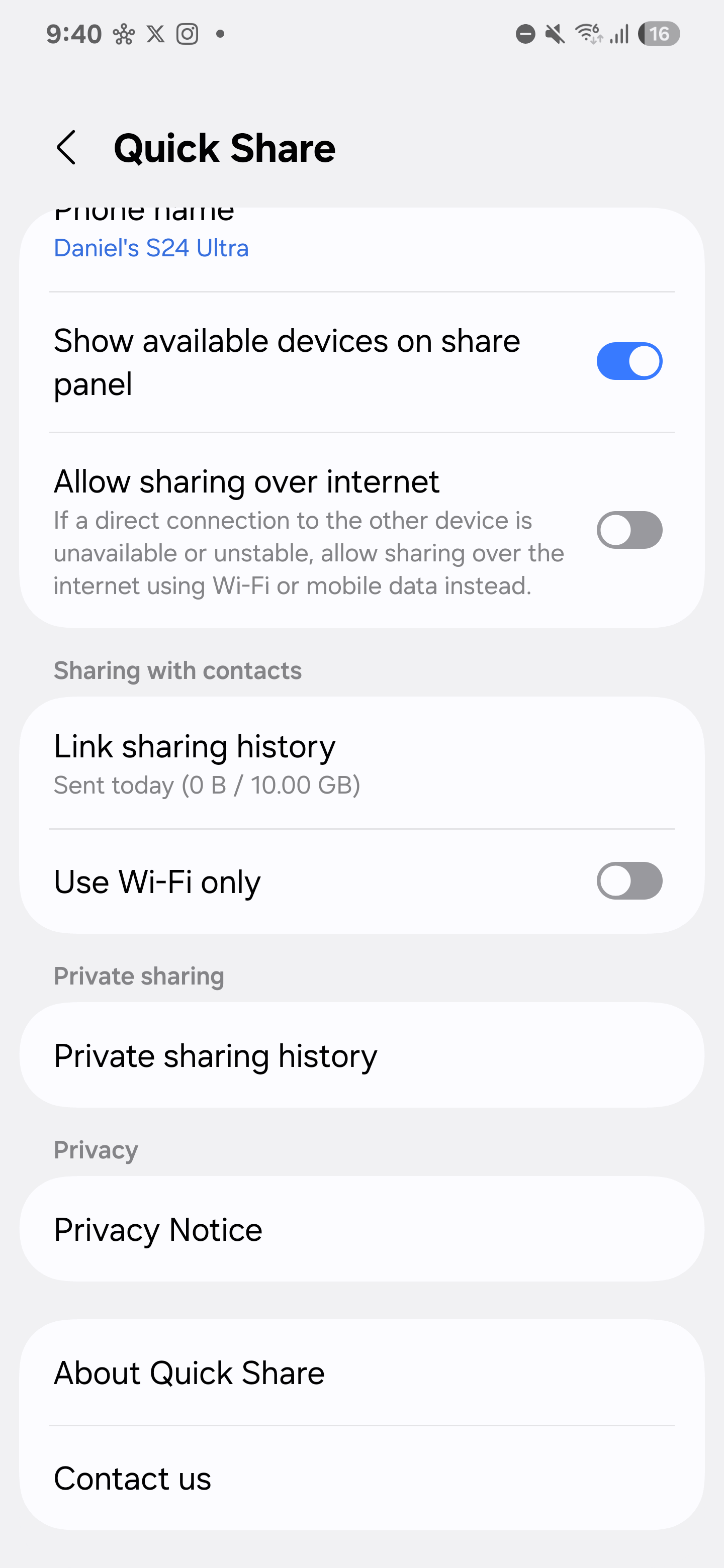 Zrzut ekranu przedstawiający nowe ustawienia Quick Share