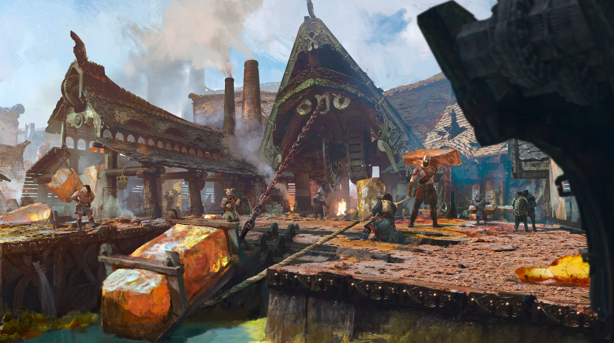 Twórcy God of War: Ragnarok opowiadał o świecie krasnoludów Svartalheim, gdzie wśród różnych biomów powstaje przemysłowe miasto-2