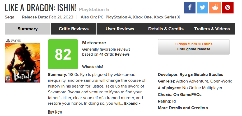 Like a Dragon: Ishin! otrzymało pierwsze recenzje od dziennikarzy. Na Metacritic gra uzyskała 82 punkty na 100 możliwych-2