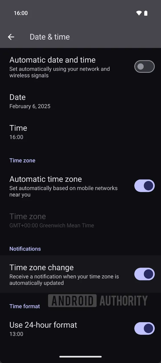 Ustawienia systemu Android 16