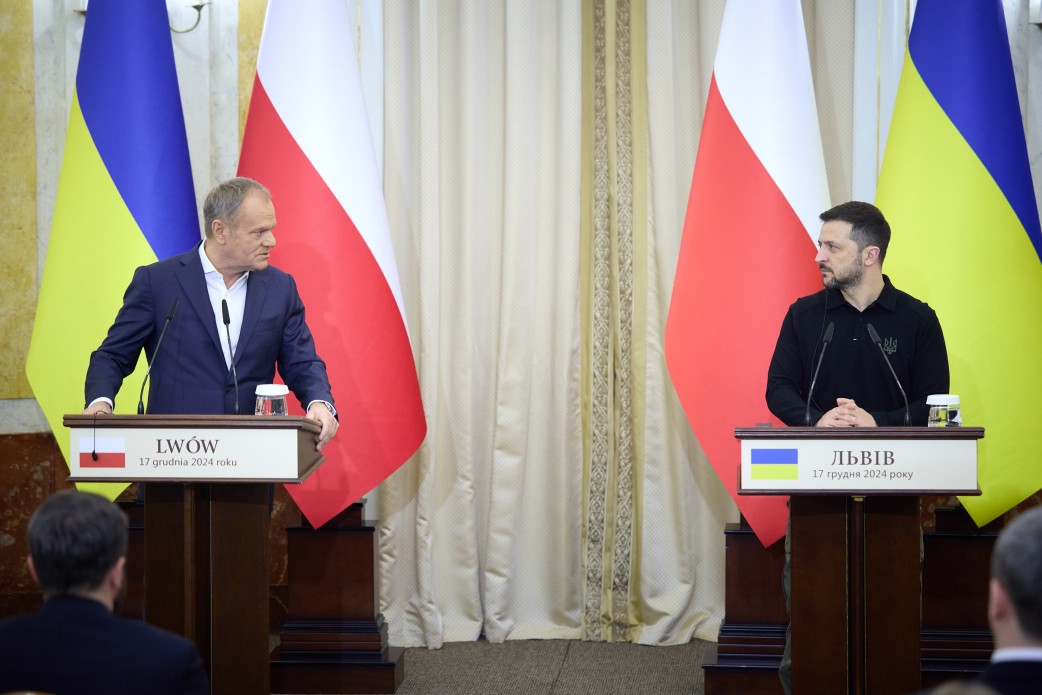 Prezydent Ukrainy Wołodymyr Zełenski i premier Polski Donald Tusk na konferencji prasowej