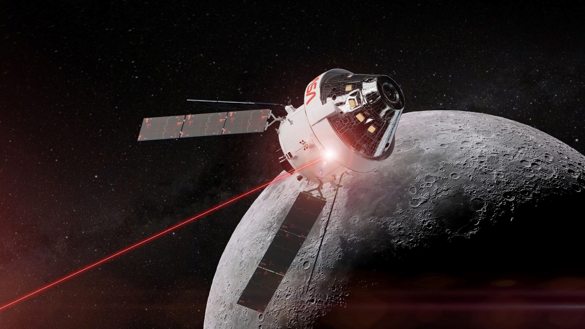 Statek kosmiczny Orion z optyczną systemem łączności Orion Artemis II (O2O). Ilustracja: NASA