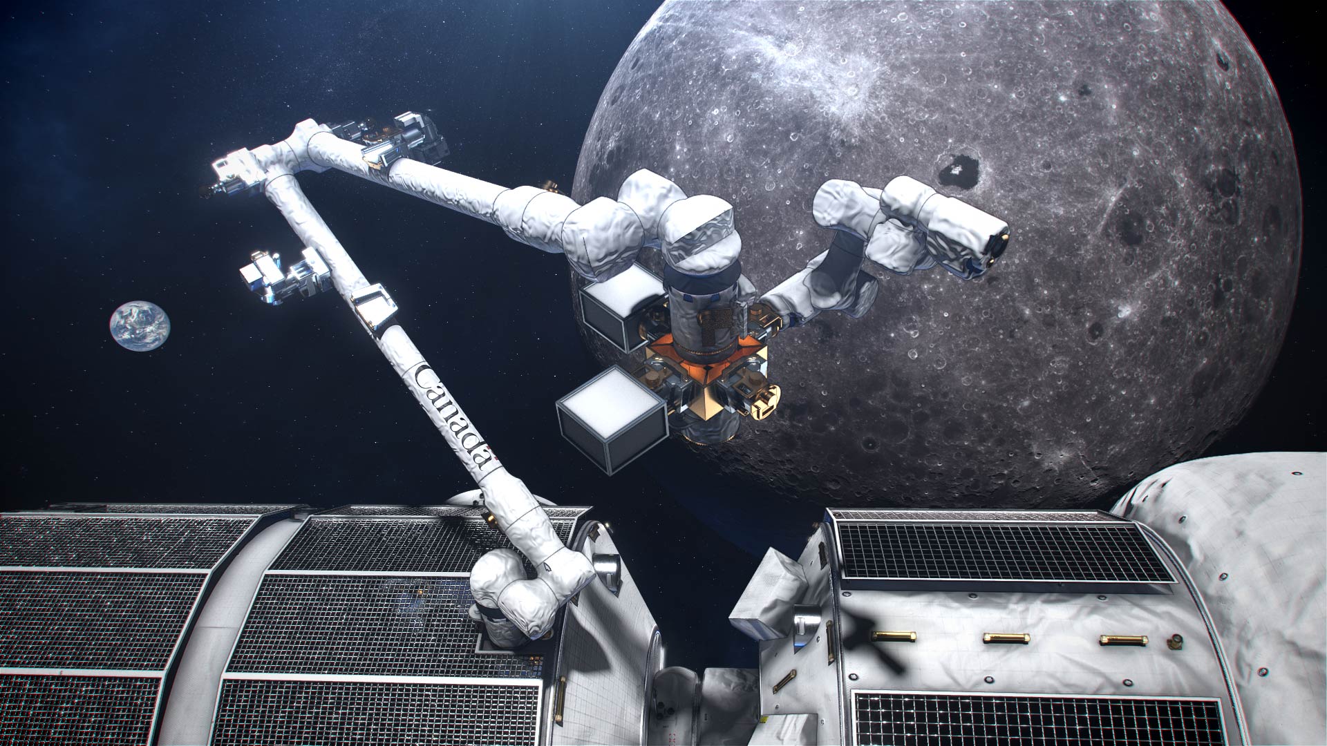 Wizualizacja koncepcyjna Canadarm3 – kanadyjskiego systemu robotycznego dla projektu Gateway.